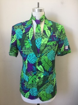 Mens, Suit, Jacket, OPPO SUITS, Multi-color, Navy Blue, Lime Green, Turquoise Blue, Purple, Polyester, Tropical , 38, Bright Tropical Pattern - Navy with Lime, Turquoise, Purple, Aqua, Green Tropical Palm Fronds, Short Sleeves, Notched Lapel, 2 Buttons