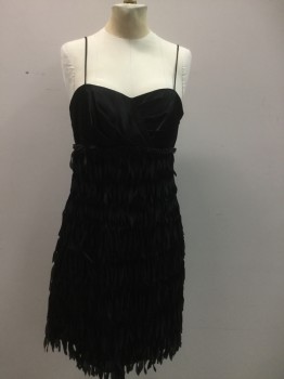 Womens, Cocktail Dress, JS COLLECTIONS, Black, Synthetic, Solid, 6, Satin Pleated Surplice Top, Beaded Waistband, Spaghetti Straps, Fabric Tassel Fringe Layers, Knee Length, Side Zip