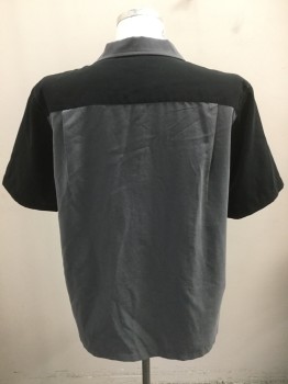 VIA EUROPA, Gray, Black, Polyester, Color Blocking, Button Front, Short Sleeves, 1 Pocket, Collar Attached, 2 Wide Vertical Stripes on Right Side