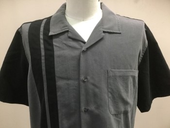 VIA EUROPA, Gray, Black, Polyester, Color Blocking, Button Front, Short Sleeves, 1 Pocket, Collar Attached, 2 Wide Vertical Stripes on Right Side