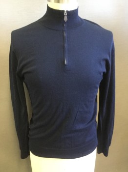 Mens, Pullover Sweater, THE MENS STORE, Navy Blue, Cotton, Cashmere, Solid, L, Pull Over, Mock Neck with Zipper