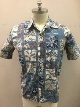 KOA ROAD, Dusty Blue, Beige, Navy Blue, White, Sienna Brown, Cotton, Tropical , Abstract , Dusty Blue with Squares of Cream/Beige/Sienna/Navy Tropical Flowers with Batik-look, Short Sleeve Button Front, Collar Attached, 1 Patch Pocket