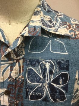 KOA ROAD, Dusty Blue, Beige, Navy Blue, White, Sienna Brown, Cotton, Tropical , Abstract , Dusty Blue with Squares of Cream/Beige/Sienna/Navy Tropical Flowers with Batik-look, Short Sleeve Button Front, Collar Attached, 1 Patch Pocket