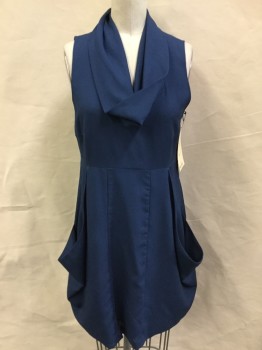 Womens, Cocktail Dress, KENSIE, Teal Blue, Polyester, Solid, S, Teal Blue, Cowl Neck, Sleeveless, Side Zip, 2 Large Droopy Pockets Side