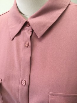 MADISON, Mauve Pink, Polyester, Solid, Crepe, Long Sleeve Button Front, 2 Flap Pockets, Oversized