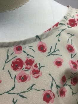 LILY WHITE, Beige, Red, Pink, Dk Gray, Polyester, Floral, Beige with Pink and Red Roses with Dark Green Stems Pattern, Crepe, Long Sleeves, Gathered Peplum Waist, Center Back Zipper, Short Waisted Cut