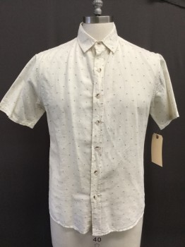MOLLUSK CALIF, Cream, Navy Blue, Cotton, Linen, Dots, Button Front, Collar Attached, Short Sleeves,