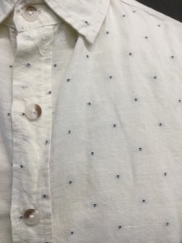 MOLLUSK CALIF, Cream, Navy Blue, Cotton, Linen, Dots, Button Front, Collar Attached, Short Sleeves,
