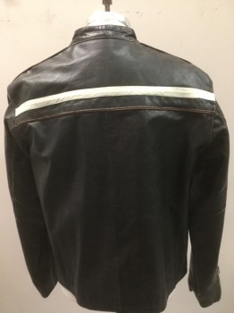 Mens, Leather Jacket, 4YOU JEANS, Brown, White, Lt Brown, Leather, Solid, Stripes, M, Dark Brown with White Stripe Across Chest and Down Shoulders/arms, Lt Brown Piping, Band Collar, Zip Front,