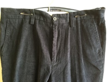 Mens, Casual Pants, NAUTICA, Navy Blue, Cotton, Solid, 35/33, 1.5" Waistband with Belt Hoops, Corduroy Flat Front, Zip Front, 4 Pockets