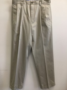 Mens, Casual Pants, BROOKS BROTHERS, Khaki Brown, Cotton, Solid, 32/30, Chinos, Pleated Front, Cuffed Pant
