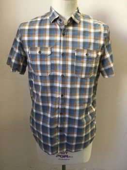 JEREMIAH, French Blue, White, Brown, Cotton, Plaid, Button Front, Collar Attached, Short Sleeves, 2 Flap Pockets