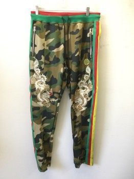 Mens, Sweatsuit Pants, REASON, Dk Green, Brown, Red, Green, Yellow, Polyester, Camouflage, Dragon Embroidery, Green with Red Stripe Ribbed Knit Drawstring Waistband, 2 Zip Pockets, Green/Red/Yellow Side Seam Stripes, 2 Back Pockets, Zip Interior Seam Near Hem