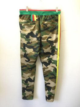 Mens, Sweatsuit Pants, REASON, Dk Green, Brown, Red, Green, Yellow, Polyester, Camouflage, Dragon Embroidery, Green with Red Stripe Ribbed Knit Drawstring Waistband, 2 Zip Pockets, Green/Red/Yellow Side Seam Stripes, 2 Back Pockets, Zip Interior Seam Near Hem