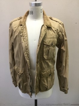 Mens, Casual Jacket, J CREW, Tan Brown, Cotton, Solid, M, 3 Pockets, Corduroy Collar, Hidden Zip Front, Tabs on Shoulder and Cuffs