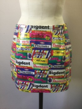 Womens, Skirt, Mini, TRIPP, Multi-color, Poly Vinyl Cloride, Novelty Pattern, Logo , S, Colorful Gum Package/Wrapper Pattern with Made Up Parody Brands of Chewing Gum ("Care*less", "Bigdent", "Juicy Fluke") Mini Length, Center Back Zipper