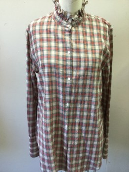 NILI LOTAN, Cream, Black, Red, Pink, Blue, Cotton, Plaid, Long Sleeves, Button Front, Stand Self Ruffled Collar