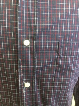 HAGGAR, Navy Blue, Red, White, Cotton, Plaid, Button Down Collar, Long Sleeves, Button Front,