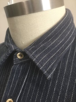 VENICE CUSTOM SHIRTS, Denim Blue, White, Cotton, Stripes - Pin, Dark Indigo Denim with White Dashed Pinstripes, Long Sleeves, 1/2 Button Placket with 4 Buttons, Collar Attached, 2 Patch Pockets, Made To Order Reproduction