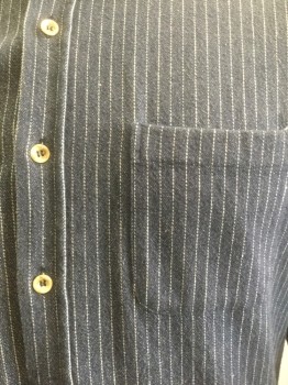 Mens, Historical Fiction Shirt, VENICE CUSTOM SHIRTS, Denim Blue, White, Cotton, Stripes - Pin, Slv:36, N:18, Dark Indigo Denim with White Dashed Pinstripes, Long Sleeves, 1/2 Button Placket with 4 Buttons, Collar Attached, 2 Patch Pockets, Made To Order Reproduction