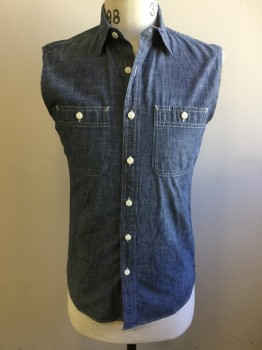 UNIQLO, Denim Blue, Cotton, Solid, Chambray, Sleeveless, Button Front, Collar Attached, 2 Pockets