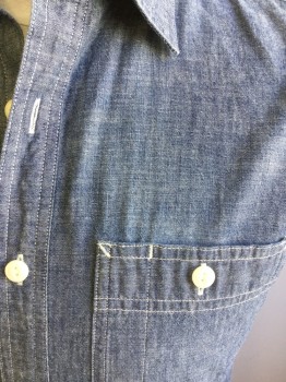 UNIQLO, Denim Blue, Cotton, Solid, Chambray, Sleeveless, Button Front, Collar Attached, 2 Pockets
