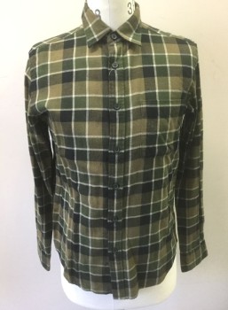 UNIQLO, Olive Green, Pea Green, Dk Green, Black, Lt Gray, Cotton, Plaid-  Windowpane, Flannel, Long Sleeve Button Front, Collar Attached, 1 Patch Pocket