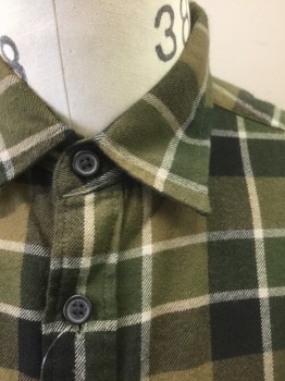 UNIQLO, Olive Green, Pea Green, Dk Green, Black, Lt Gray, Cotton, Plaid-  Windowpane, Flannel, Long Sleeve Button Front, Collar Attached, 1 Patch Pocket