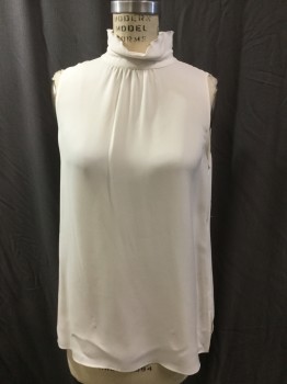 LAFAYETTE 148, Cream, Silk, Solid, Cream, Gathered Front Mock Neck with Wavy Trim,  Sleeveless, Key Hole Back with 2 Hidden Button Front,