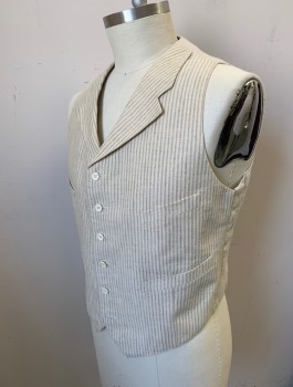 SIAM COSTUMES MTO, Cream, Lt Olive Grn, Cotton, Stripes - Vertical , Single Breasted, Notched Lapel, 6 Buttons, 4 Welt Pockets, Self Belt in Back, Made To Order