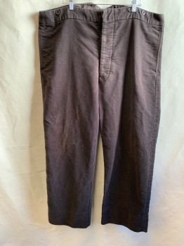 Mens, Historical Fiction Pants, DARCY, Faded Black, Cotton, Solid, 45/28, Velvet, Flat Front, Button Fly,  Suspender Buttons, Waistband, 2 Pockets, Tab Back Waist Buckle, *Discoloration Right Knee* 1800's