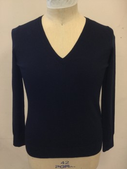 Mens, Pullover Sweater, BANANA REPUBLIC, Navy Blue, Wool, Solid, L, V-neck, Long Sleeves, Ribbed Knit Cuff/Waistband, Center Front Panel
