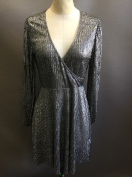 Womens, Cocktail Dress, TOP SHOP, Silver, Polyester, Spandex, Stripes, 4, Gunmetal Silver with Embossed Striped Micro Squares, Cross Over Bust, Elastic Waist, Long Puffy Sleeves