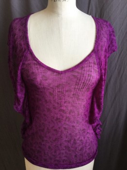 FREE PEOPLE, Magenta Pink, Maroon Red, Purple, Modal, Abstract , Deep/large V-neck, Purple Net-like on the Side, Cut Off Sleeves with Gathered  Hanging on the Side,