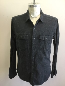Mens, Casual Shirt, CURRENT/ELLIOTT, Gray, Cotton, Speckled, L, Gray with Yellow Specks, Button Front, Collar Attached, Long Sleeves, 2 Flap Pockets
