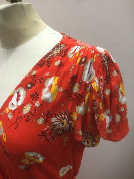 Womens, Dress, Short Sleeve, FREE PEOPLE, Red, Sunflower Yellow, Lt Gray, Brown, Black, Rayon, Floral, Asian Inspired Theme, XS, Red with Gray/Sunny Yellow/Brown/Black Asian Inspired Floral Pattern, Crepe, Cap Sleeves, Wrap Dress, Wrapped Plunging V-neck, Self Ties at Waist, Hem Mid-calf,  **Barcode Below Waist Seam