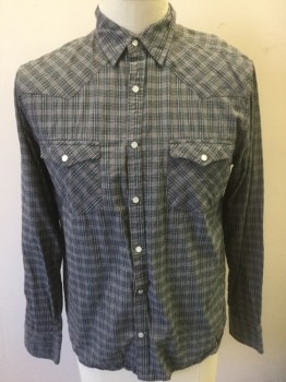 Mens, Western, TAKEL, Gray, Charcoal Gray, Dk Red, White, Cotton, Plaid, XL, Long Sleeves, Snap Front, Collar Attached, Smoky White and Silver Snaps, 2 Pockets with Snap Closures, Western Style Yoke