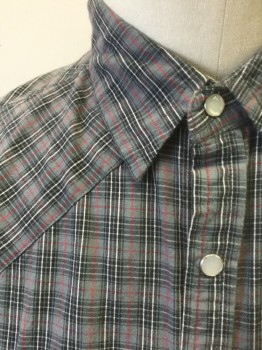 Mens, Western, TAKEL, Gray, Charcoal Gray, Dk Red, White, Cotton, Plaid, XL, Long Sleeves, Snap Front, Collar Attached, Smoky White and Silver Snaps, 2 Pockets with Snap Closures, Western Style Yoke