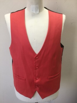 Mens, Suit, Vest, L & S, Coral Pink, Rayon, Modal, Solid, 40, Bright Coral, 4 Buttons, 2 Welt Pockets, Black Lining and Back, Belted Back