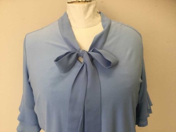 COLLECTION, Baby Blue, Polyester, Spandex, Solid, Baby Blue, V-neck, with Self Neck Tie, Short Sleeves with 2 Layers Ruffles, Pullover