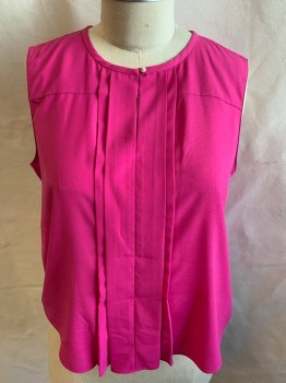 ELLEN TRACY, Hot Pink, Polyester, Solid, 1/4" Seam Round Neck,  Key Hole Front with 1 Small Silver Button, Pleat Front Center, Sleeveless,