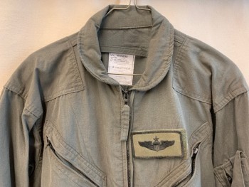 Mens, Coveralls/Jumpsuit, PROPPER, Olive Green, Cotton, Solid, 40, (MULTIPLE) (Distressed/aged) Collar Attached, Shoulder Patch, Zip Front, 5 Pockets with Zipper, 1" Self Waist Belt with Velcro, Long Sleeves with Velcro Cuffs (1 Pocket with Zipper on Left Arm), Zipper at Both Side Pants Hem