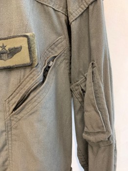 Mens, Coveralls/Jumpsuit, PROPPER, Olive Green, Cotton, Solid, 40, (MULTIPLE) (Distressed/aged) Collar Attached, Shoulder Patch, Zip Front, 5 Pockets with Zipper, 1" Self Waist Belt with Velcro, Long Sleeves with Velcro Cuffs (1 Pocket with Zipper on Left Arm), Zipper at Both Side Pants Hem