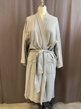 Womens, SPA Robe, COVINGTON, Lt Gray, Cotton, Polyester, Solid, O/S, Waffle Knit, Shawl Collar, 3/4 Sleeve, 2 Pockets, Attached Self Belt