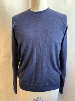 BLOOMINGDALE'S, Dk Blue, Cashmere, Solid, Crew Neck, Raglan Long Sleeves, Ribbed Knit Cuff/Collar/Waistband