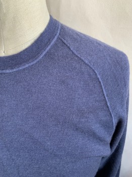 Mens, Pullover Sweater, BLOOMINGDALE'S, Dk Blue, Cashmere, Solid, XL, Crew Neck, Raglan Long Sleeves, Ribbed Knit Cuff/Collar/Waistband