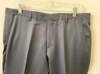 BOSS, Charcoal Gray, Wool, Solid, Flat Front, Tab Waist, Zip Fly, Slim Leg, 4 Pockets, Belt Loops