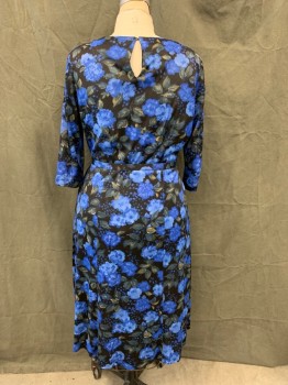 BRITISH LADY, Royal Blue, Black, Teal Blue, Green, Polyester, Floral, Scoop Neck, Pleated at Neck Collar Seam with 2 Bows, 3/4 Sleeve, Pleated Skirt, Side Zip, Keyhole with Hook & Eye at Back Neck, with SELF BELT, Early 1960's
