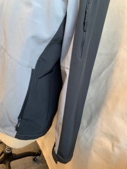 Mens, Casual Jacket, XERSION, Faded Black, Gray, Polyester, Spandex, Color Blocking, XXL, Collar Attached, Zip Front, 3 Pockets with Zipper, Long Sleeves (1 Pocket with Zipper on Left Arm) with Velcro Closure,