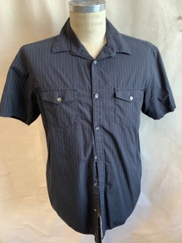 Mens, Casual Shirt, CK, Black, Dk Gray, White, Cotton, Stripes - Vertical , M, Black with Faint Dark Gray Vertical Stripes with Broken Faint Double White Vertical Stripes, Collar Attached, Button Front, 2 Pockets with Flap Short Sleeves, Curved Hem